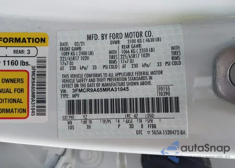 2021 Ford Bronco Sport из США, поврежденный, VIN 3FMCR9A65MRA31045